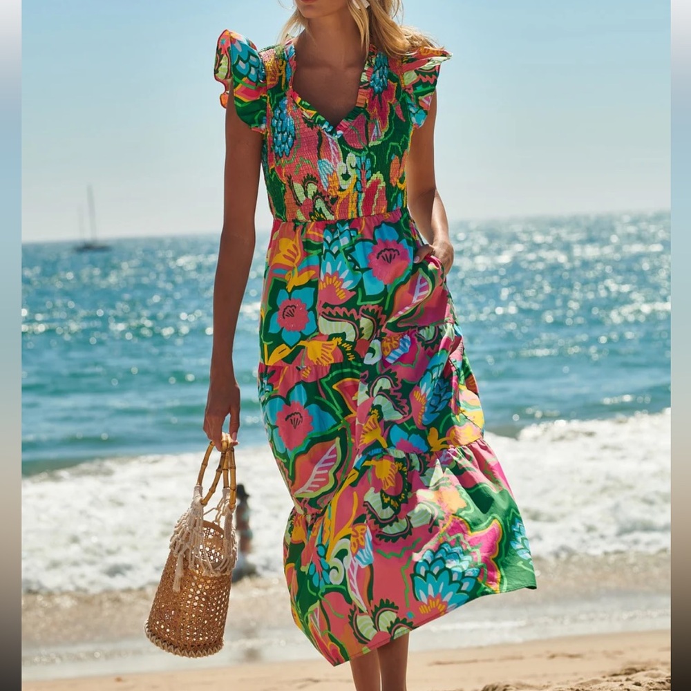 Lanai Multi Tropics Sunfire Smocked Bodice Tiered Midi Dress
